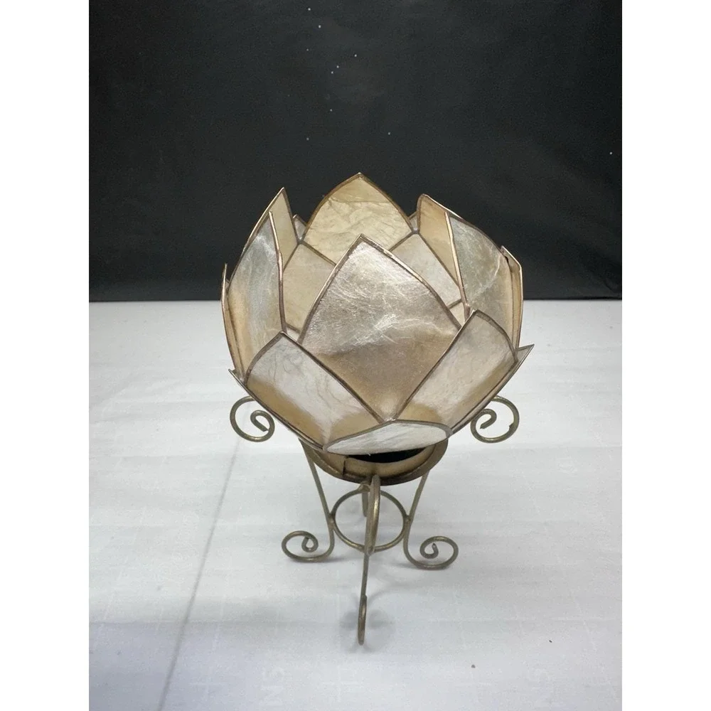 Capiz Shell Lotus Votive Candle Holder Gold Metal Stand 7